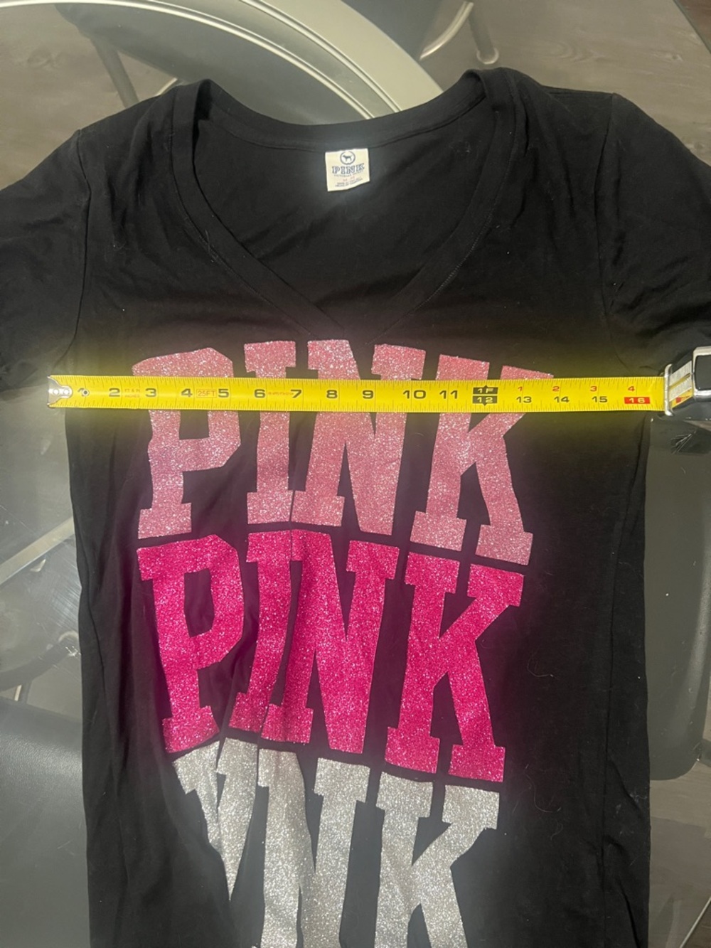 PINK Victoria's Secret Black V-Neck Tee with Pink & Silver Glitter Logo - Picture 3 of 3